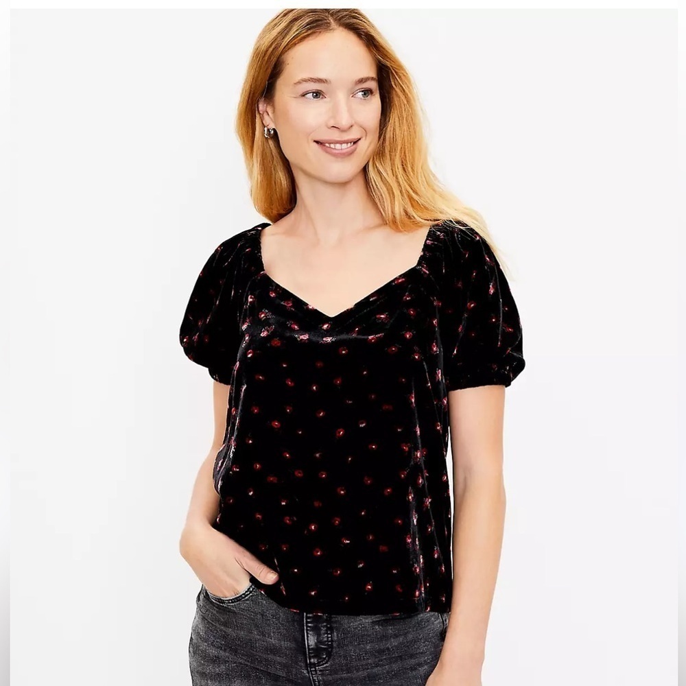 LOFT Women's Floral Puff Sleeve Velvet Top Size M Multicolor Casual